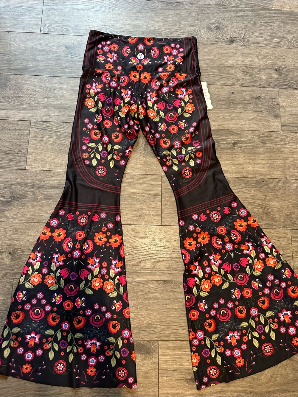 Yoga Democracy Black Bell-Bottom Leggings with Multicolor Floral Print